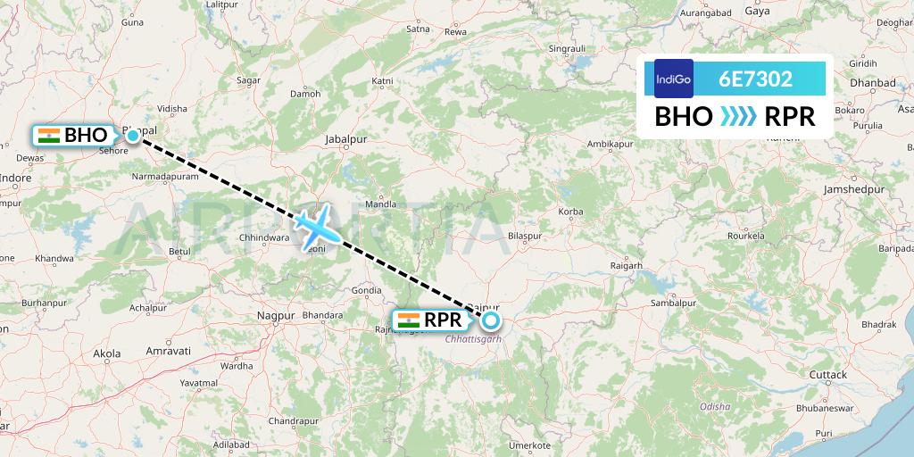 6E7302 IndiGo Airlines Flight Map: Bhopal to Raipur