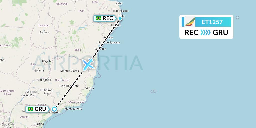 ET1257 Ethiopian Airlines Flight Map: Recife to Sao Paulo