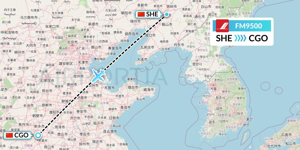 FM9500 Shanghai Airlines Flight Map: Shenyang to Zhengzhou
