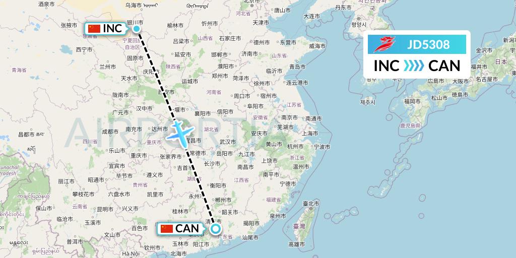 JD5308 Capital Airlines Flight Map: Yinchuan to Guangzhou