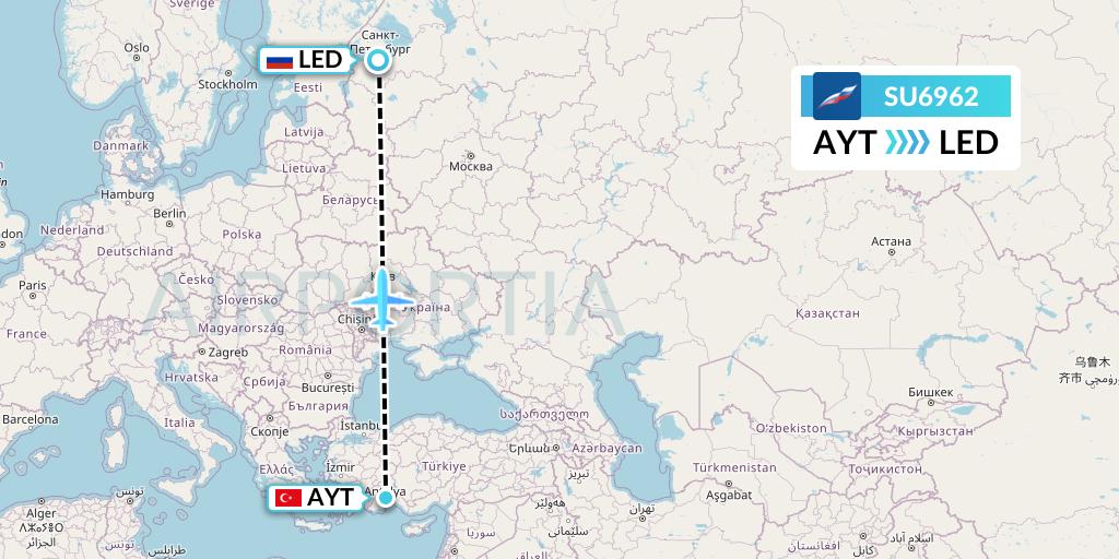 SU6962 Aeroflot Flight Map: Antalya to St. Petersburg