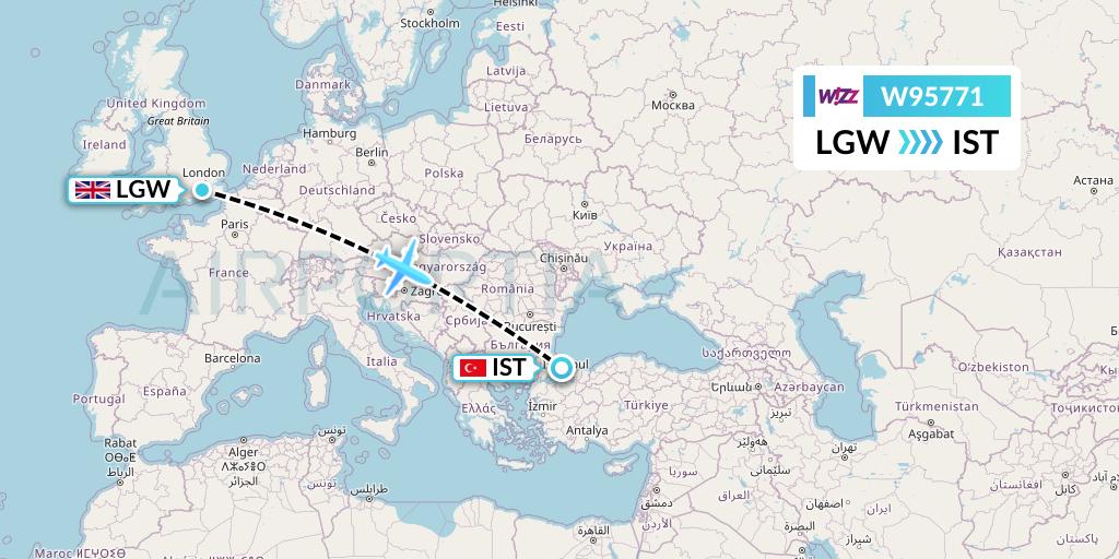 W95771 Wizz Air UK Flight Map: London to Istanbul