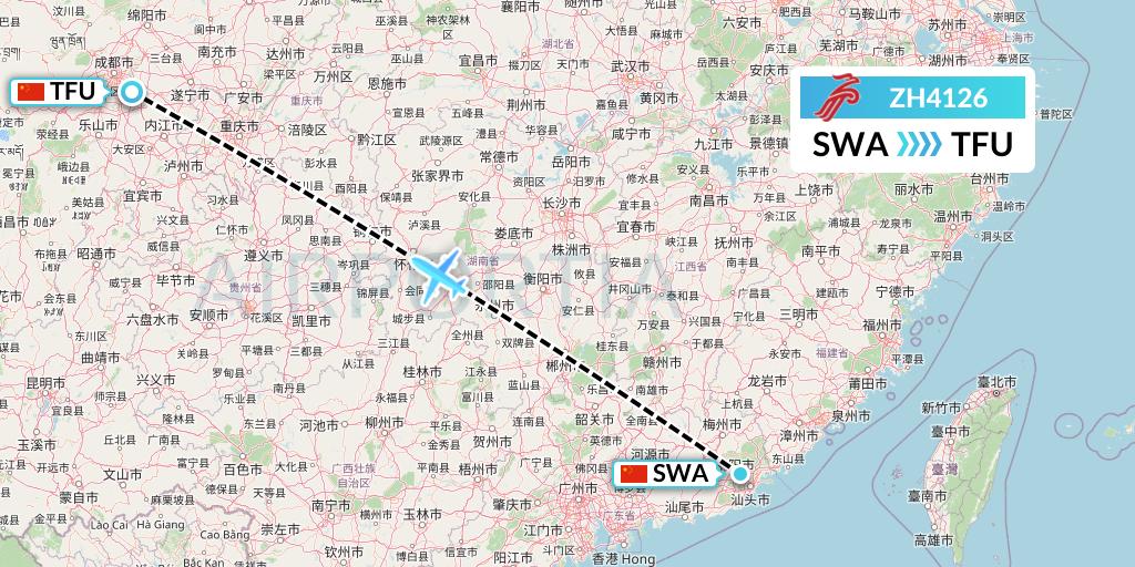 ZH4126 Shenzhen Airlines Flight Map: Jieyang to Chengdu