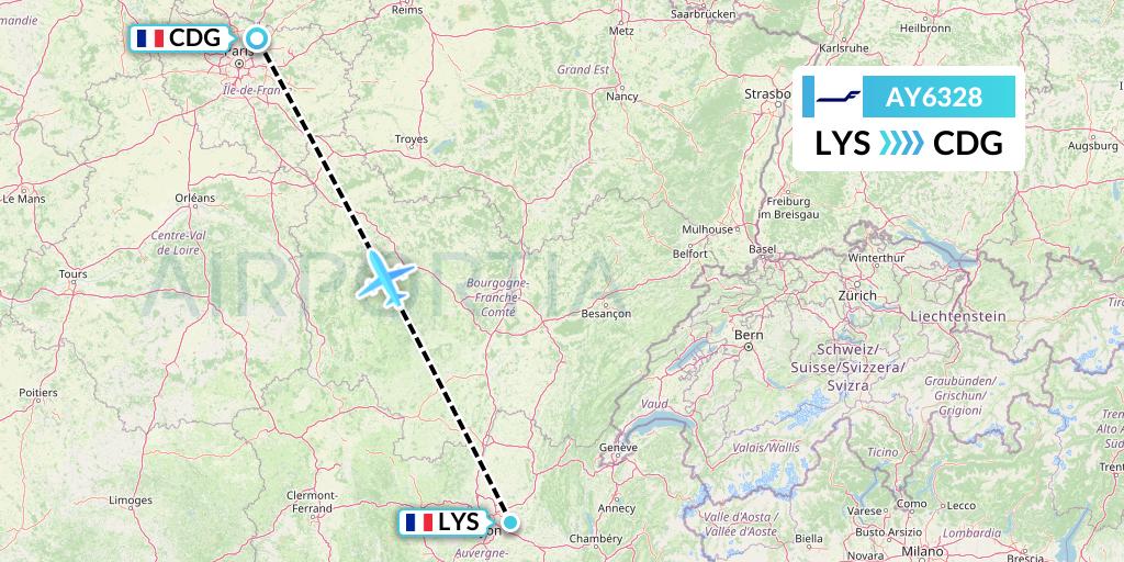 AY6328 Finnair Flight Map: Lyon to Paris
