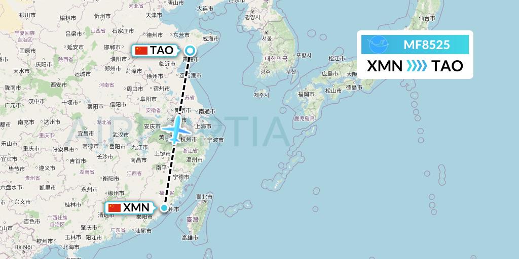 MF8525 Xiamen Airlines Flight Map: Xiamen to Qingdao