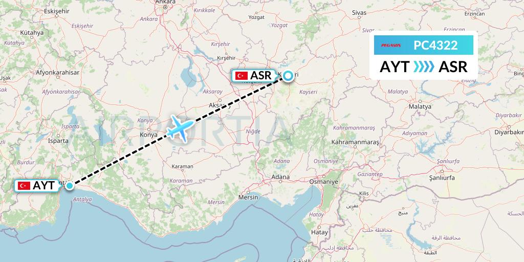 PC4322 Pegasus Airlines Flight Map: Antalya to Kayseri