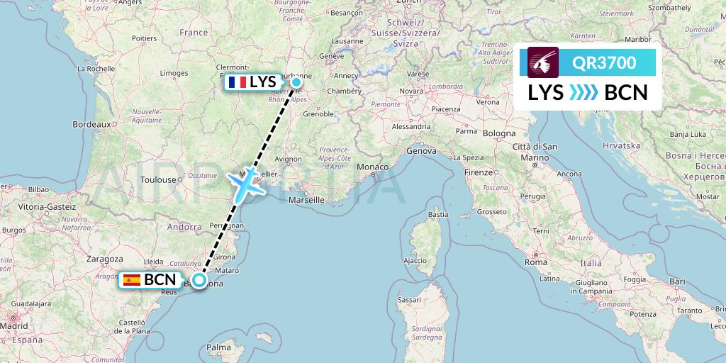QR3700 Qatar Airways Flight Map: Lyon to Barcelona