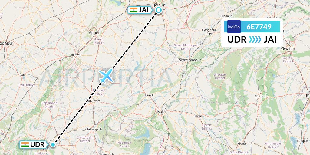 6E7749 IndiGo Airlines Flight Map: Udaipur to Jaipur
