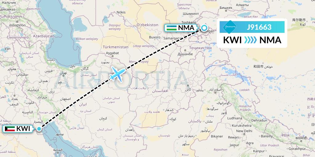 J91663 Jazeera Airways Flight Map: Kuwait City to Namangan