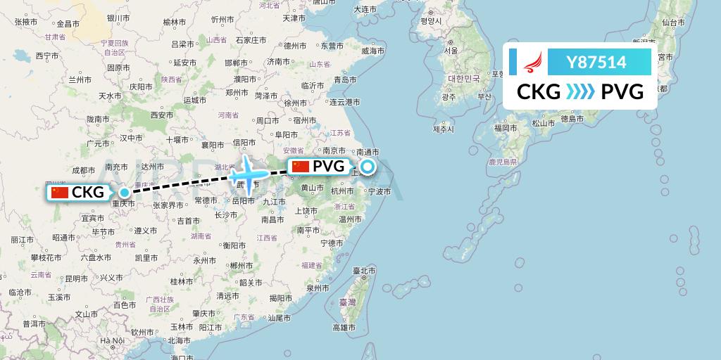 Y87514 Yangtze River Express Flight Map: Chongqing to Shanghai