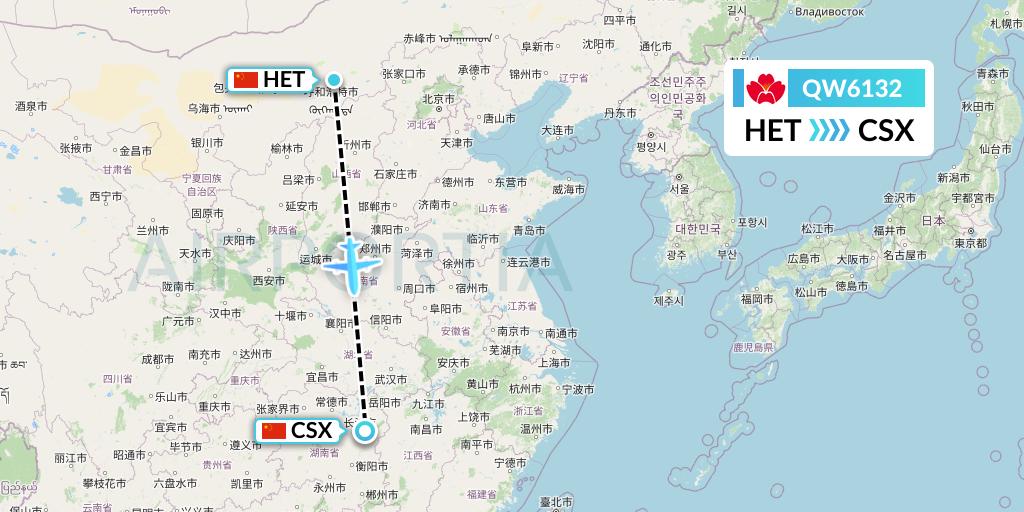 QW6132 Qingdao Airlines Flight Map: Hohhot to Changsha