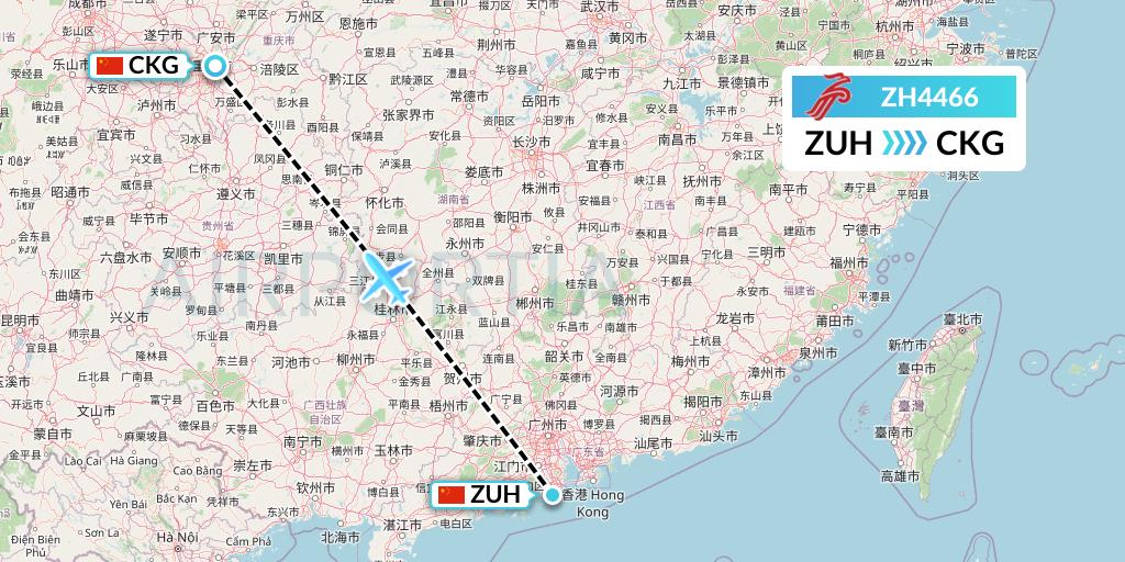ZH4466 Shenzhen Airlines Flight Map: Zhuhai to Chongqing