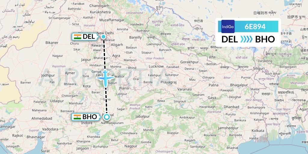 6E894 IndiGo Airlines Flight Map: Delhi to Bhopal