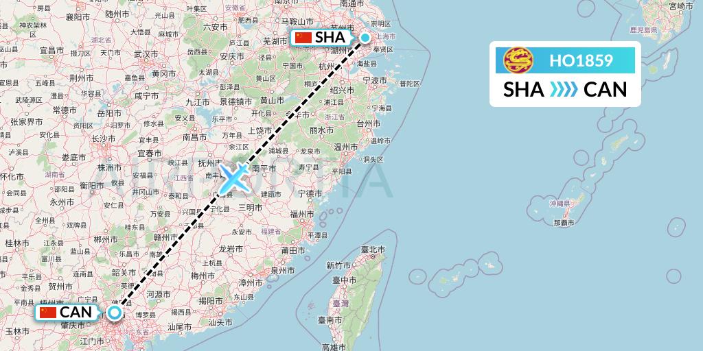 HO1859 Juneyao Airlines Flight Map: Shanghai to Guangzhou