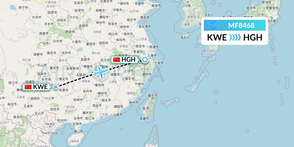 MF8468 Xiamen Airlines Flight Map: Guiyang to Hangzhou