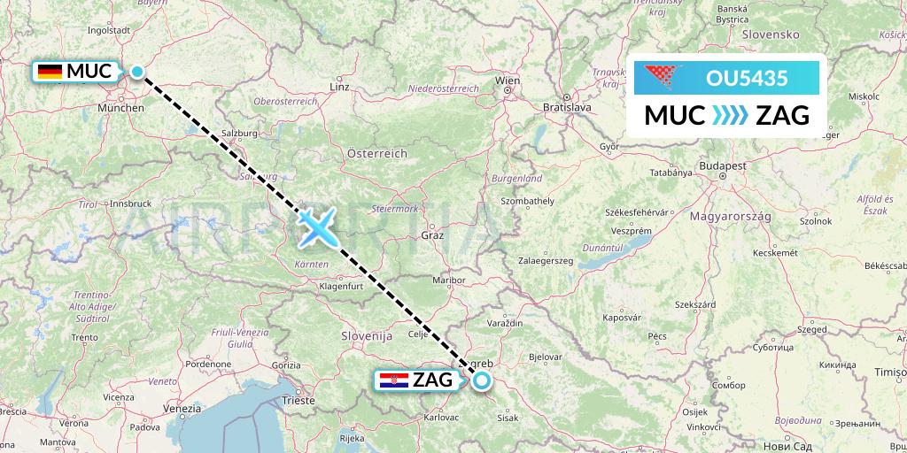 OU5435 Croatia Airlines Flight Map: Munich to Zagreb