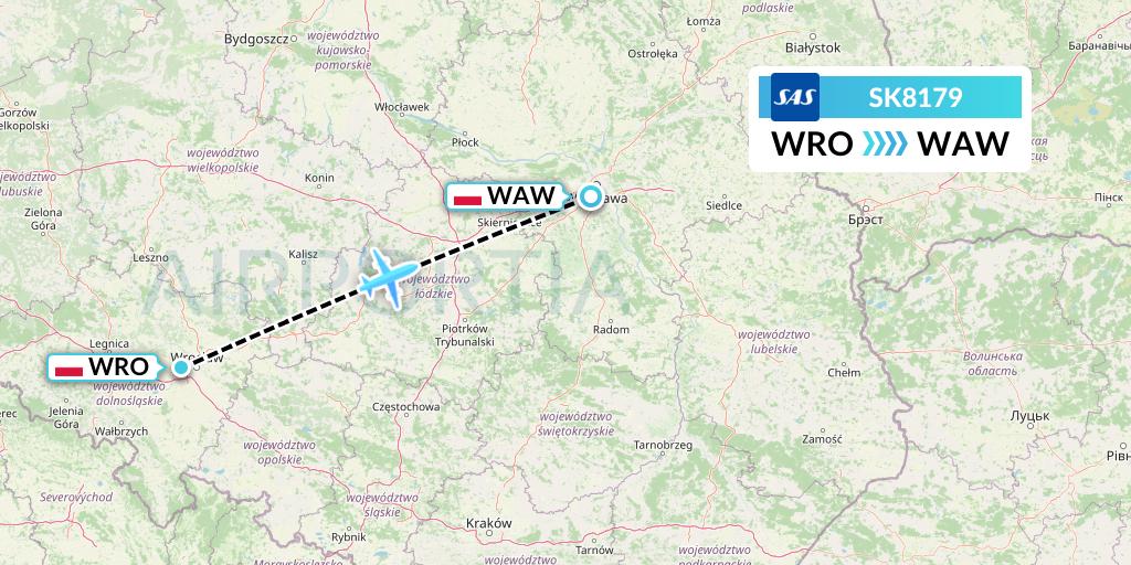 SK8179 SAS Flight Map: Wroclaw to Warsaw