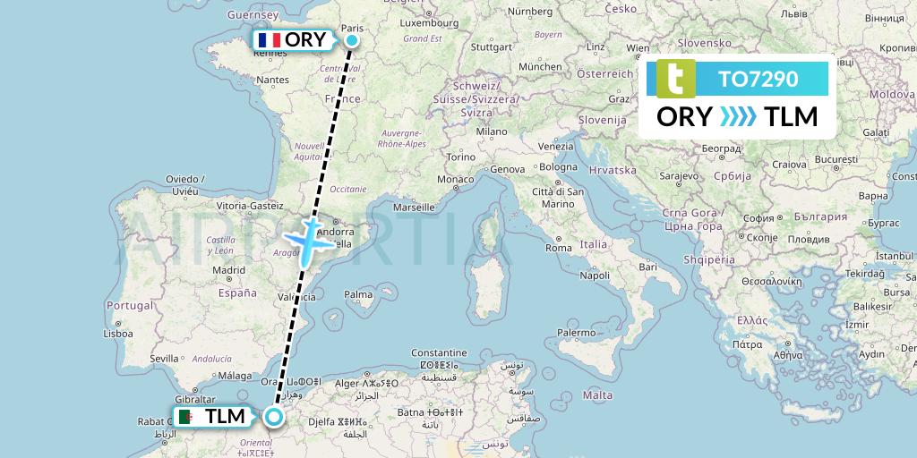TO7290 Transavia France Flight Map: Paris to Tlemcen
