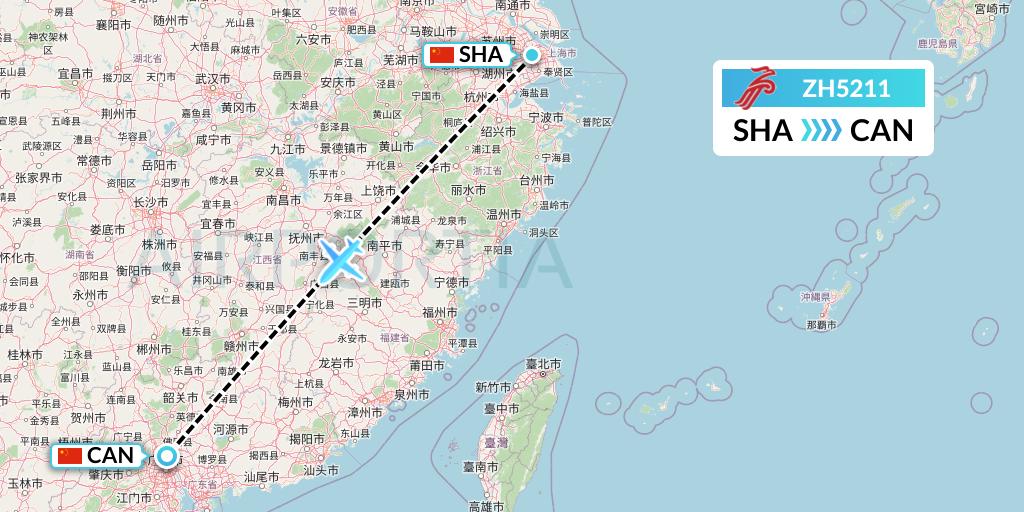 ZH5211 Shenzhen Airlines Flight Map: Shanghai to Guangzhou