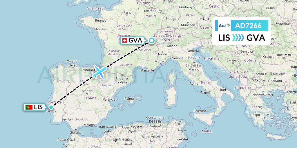 AD7266 Azul Brazilian Airlines Flight Map: Lisbon to Geneva