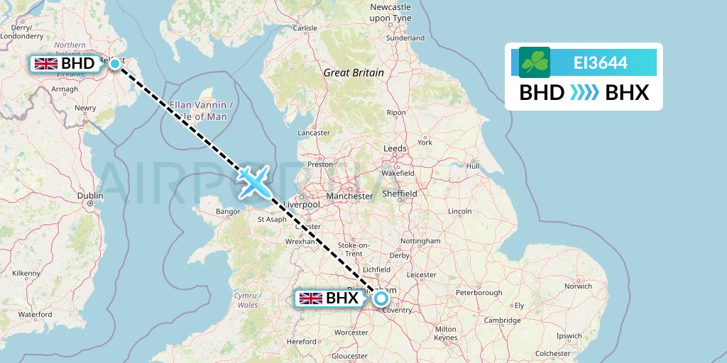 EI3644 Aer Lingus Flight Map: Belfast to Birmingham
