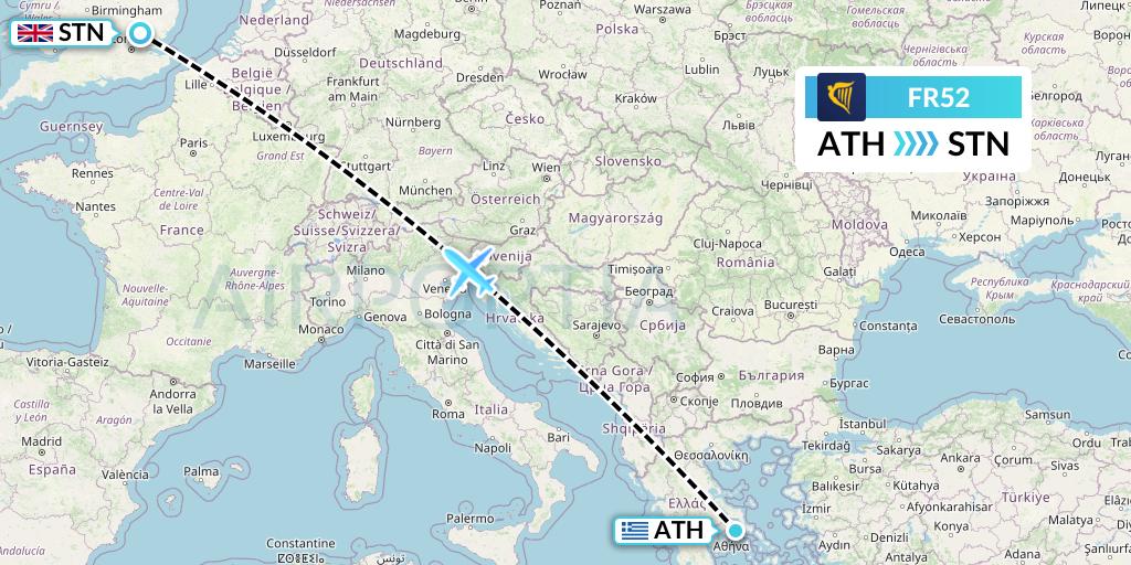 FR52 Ryanair Flight Map: Athens to London