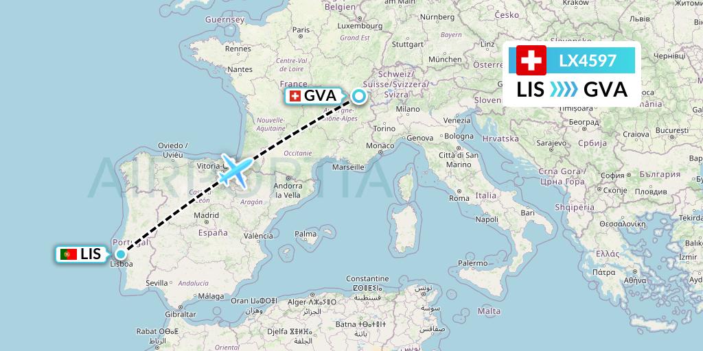 LX4597 Swiss Flight Map: Lisbon to Geneva