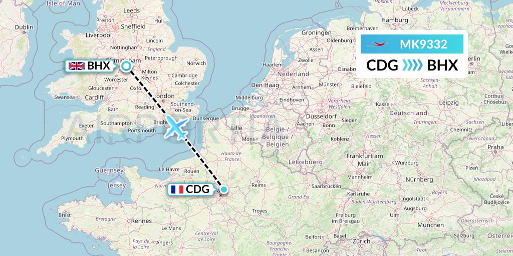 MK9332 Air Mauritius Flight Map: Paris to Birmingham
