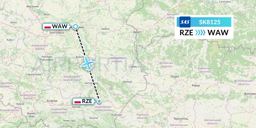 SK8125 SAS Flight Map: Rzeszow to Warsaw