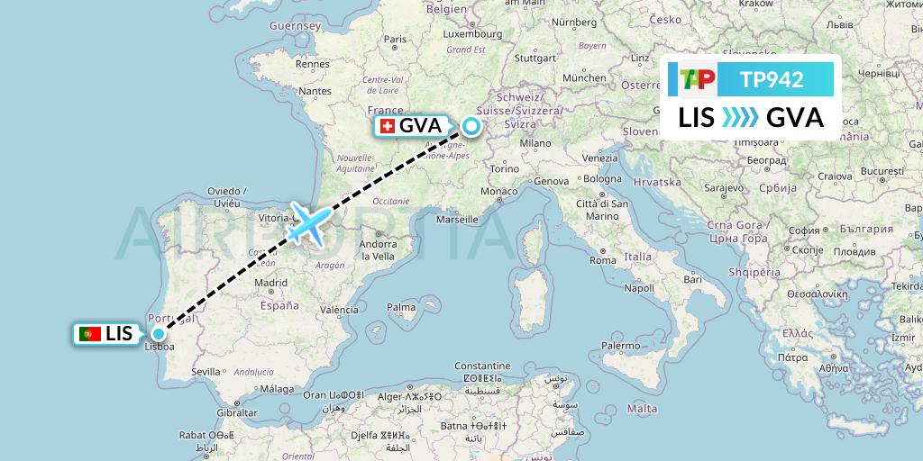 TP942 TAP Portugal Flight Map: Lisbon to Geneva