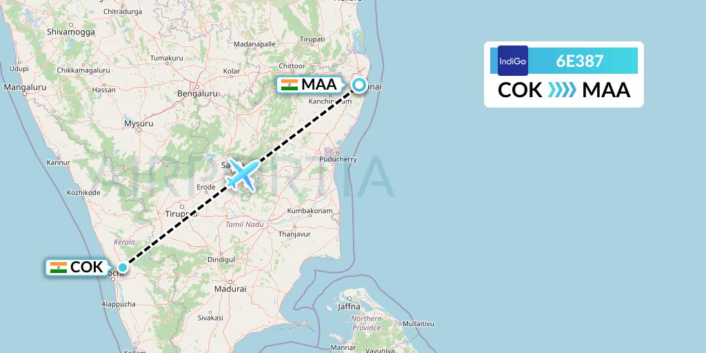 6E387 IndiGo Airlines Flight Map: Cochin to Chennai