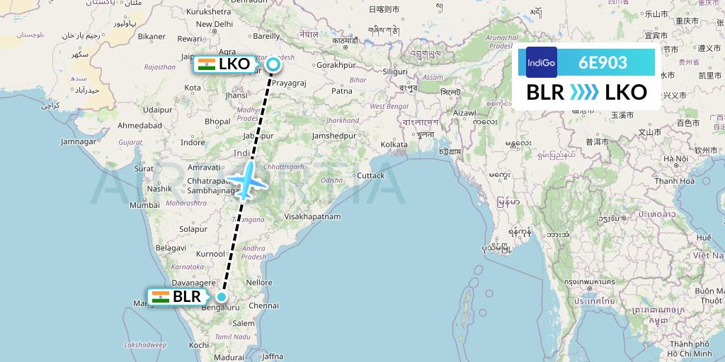 6E903 IndiGo Airlines Flight Map: Bangalore to Lucknow
