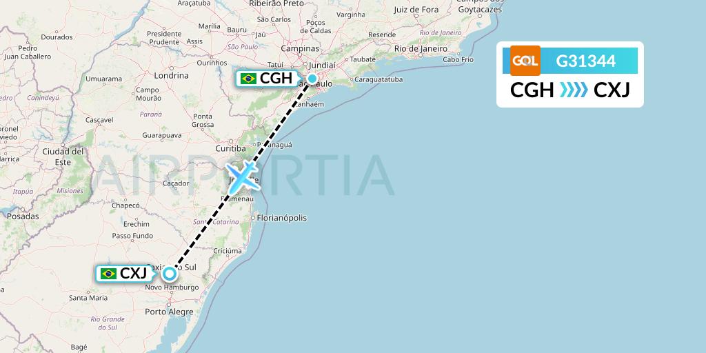 G31344 GOL Transportes Aeros Flight Map: Sao Paulo to Caxias do Sul