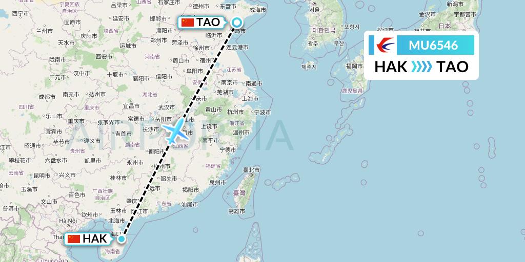 MU6546 China Eastern Airlines Flight Map: Haikou to Qingdao