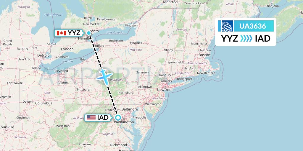 UA3636 United Airlines Flight Map: Toronto to Washington