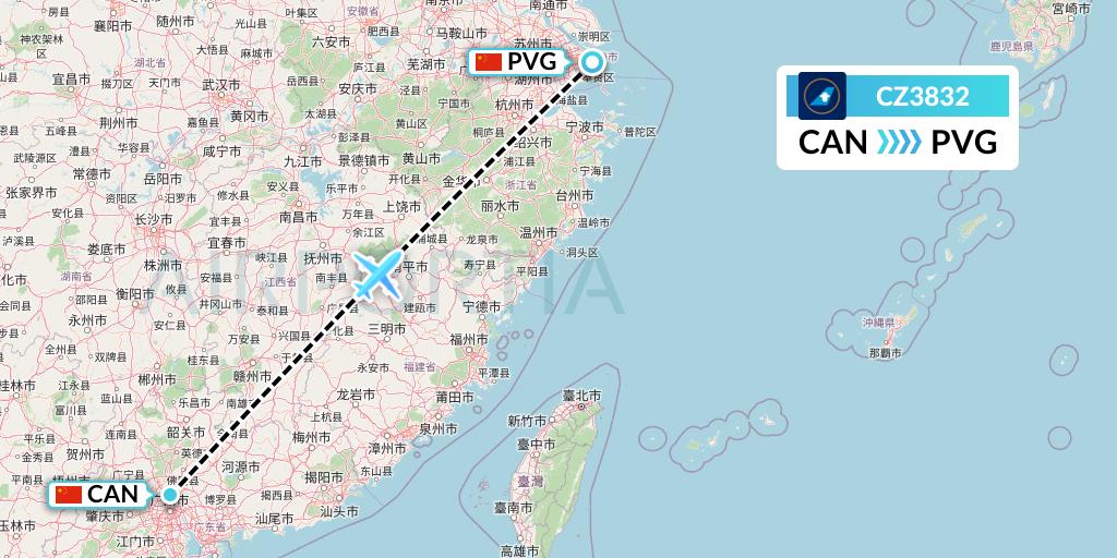 CZ3832 China Southern Airlines Flight Map: Guangzhou to Shanghai