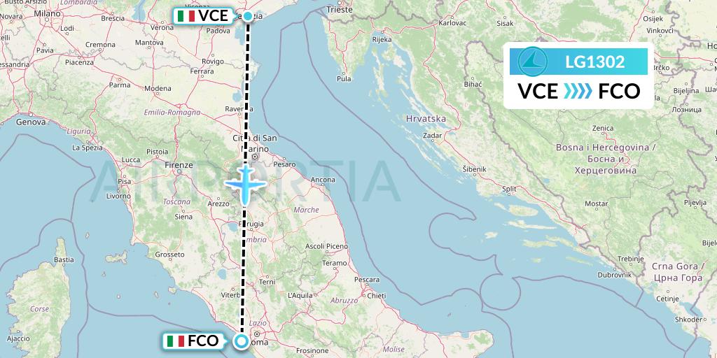 LG1302 Luxair Flight Map: Venice to Rome