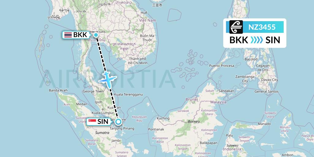 NZ3455 Air New Zealand Flight Map: Bangkok to Singapore
