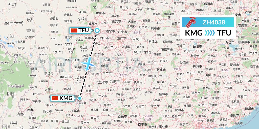 ZH4038 Shenzhen Airlines Flight Map: Kunming to Chengdu