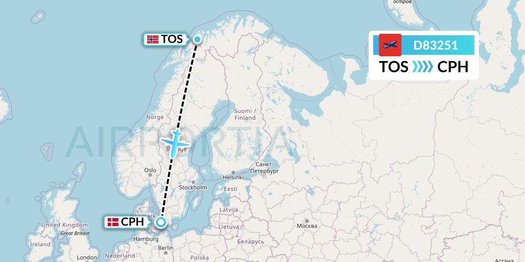 D83251 Norwegian Air International Flight Map: Tromso to Copenhagen