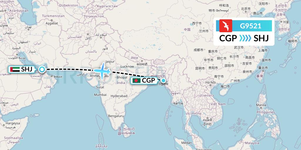G9521 Air Arabia Flight Map: Chittagong to Sharjah