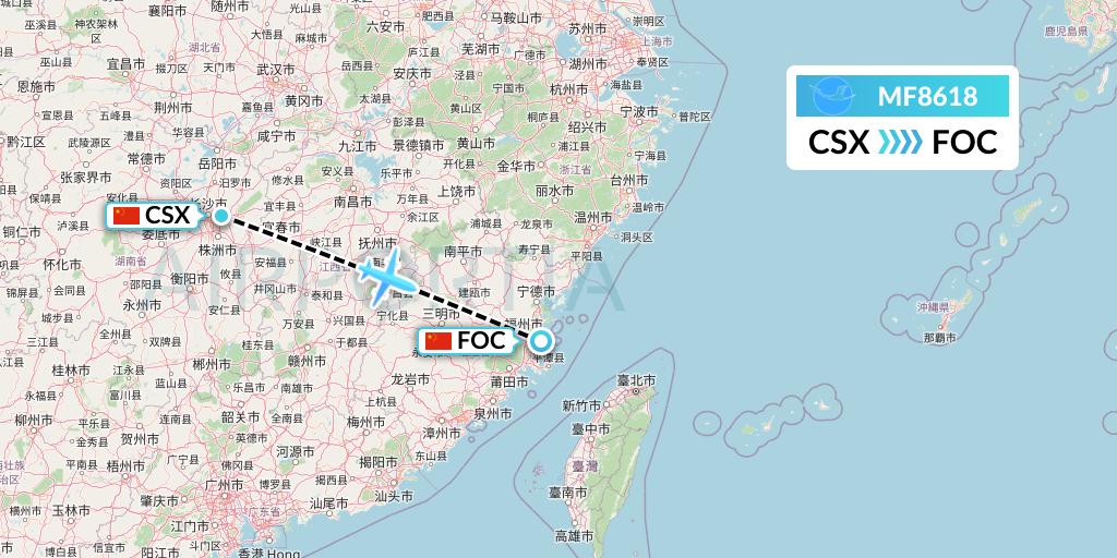 MF8618 Xiamen Airlines Flight Map: Changsha to Fuzhou