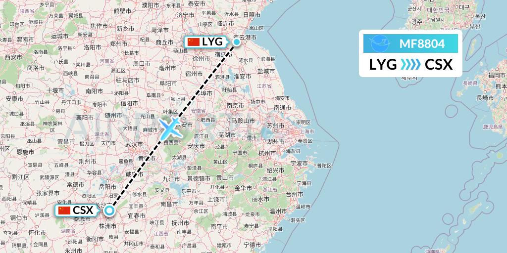 MF8804 Xiamen Airlines Flight Map: Lianyungang to Changsha