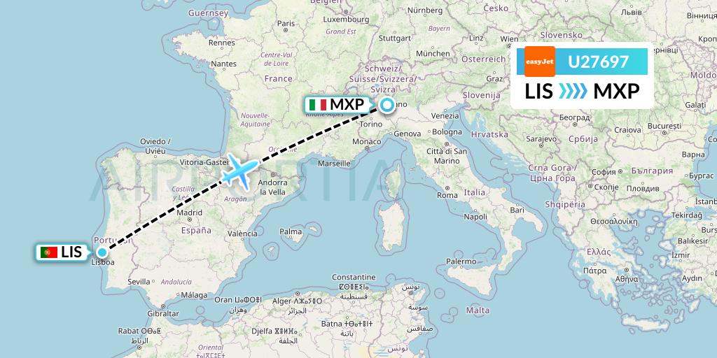 U27697 EasyJet Flight Map: Lisbon to Milan