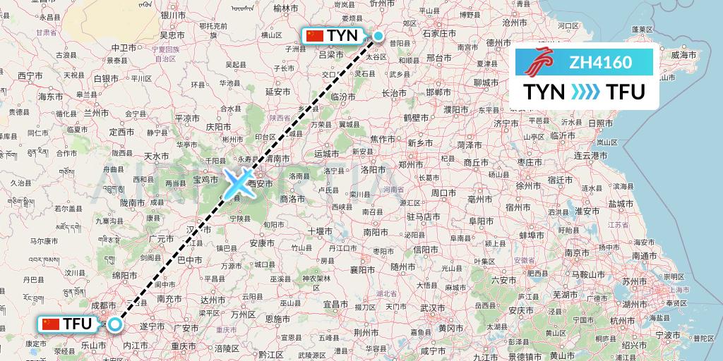 ZH4160 Shenzhen Airlines Flight Map: Taiyuan to Chengdu