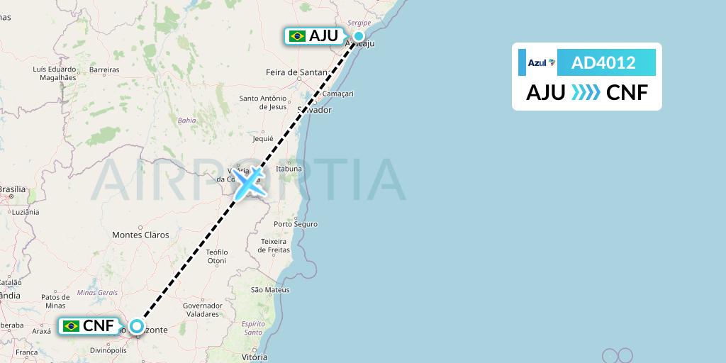 AD4012 Azul Brazilian Airlines Flight Map: Aracaju to Belo Horizonte