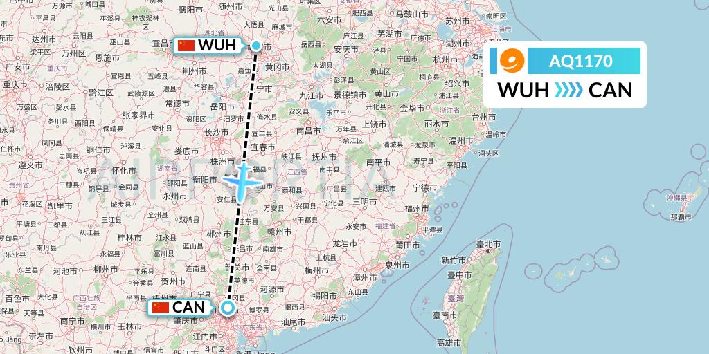 AQ1170 9 Air Flight Map: Wuhan to Guangzhou