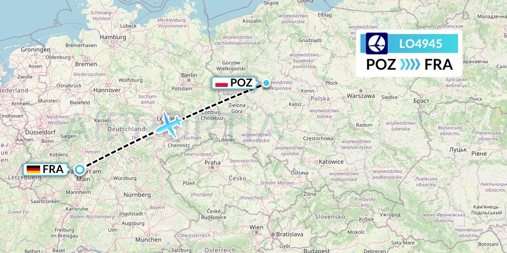 LO4945 LOT Flight Map: Poznan to Frankfurt