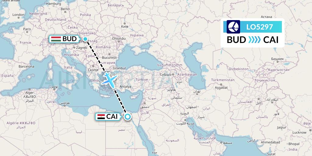 LO5297 LOT Flight Map: Budapest to Cairo