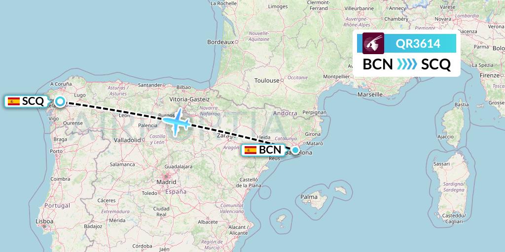 QR3614 Qatar Airways Flight Map: Barcelona to Santiago